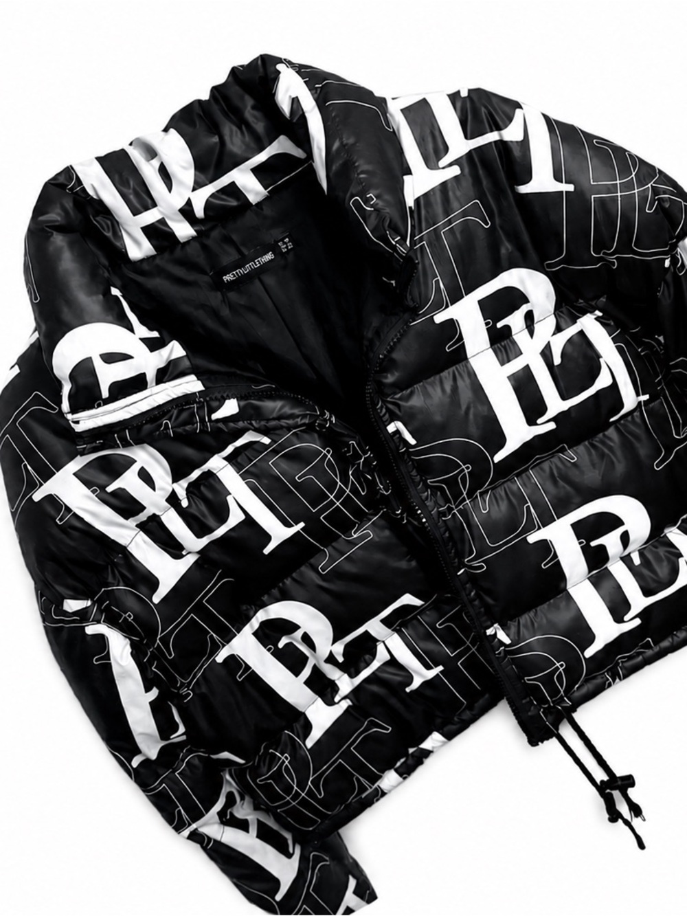 Black & White Puffer Jacket with Logo Print